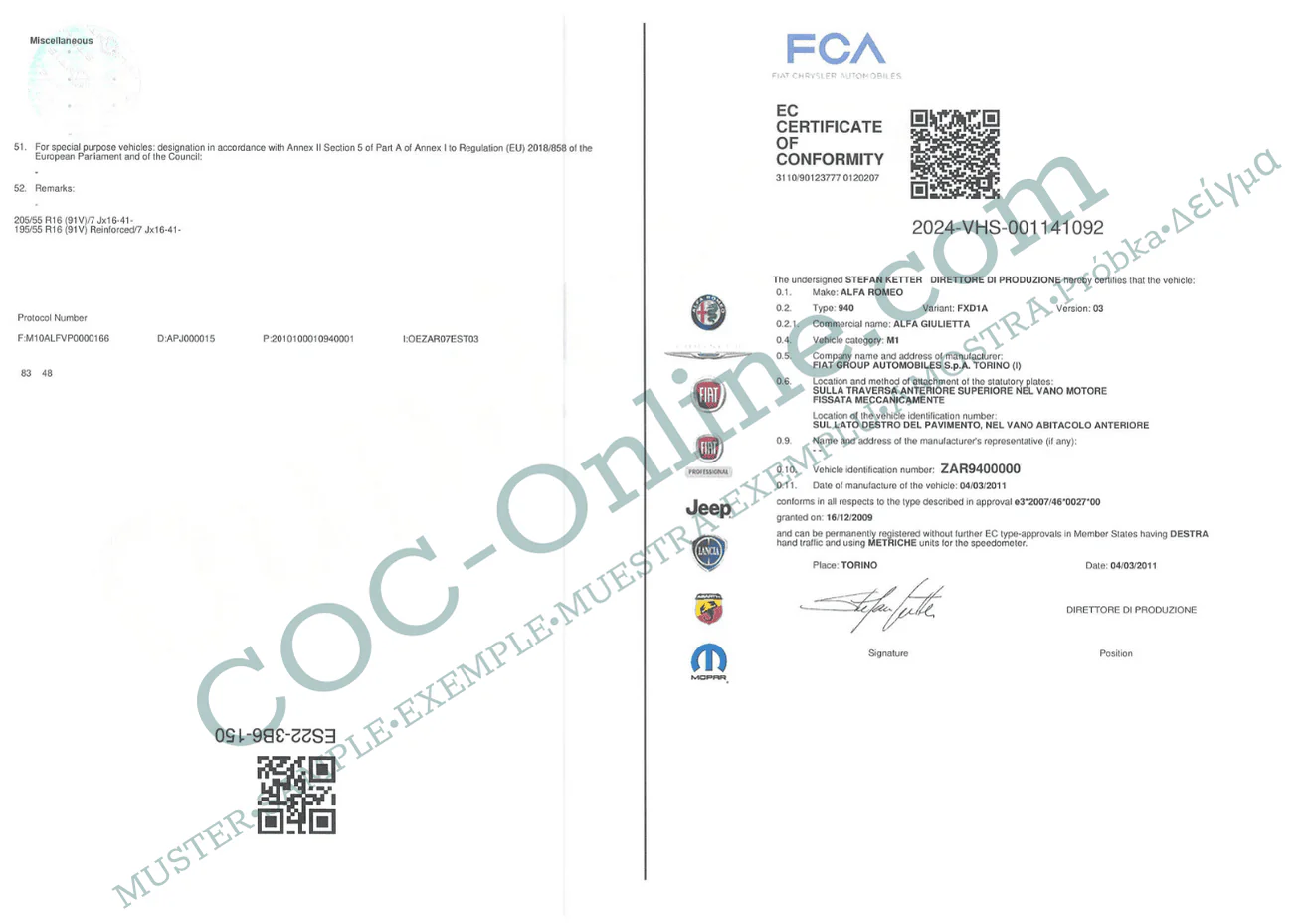 Certificate of Conformity COC ALFA ROMEO - Image 3