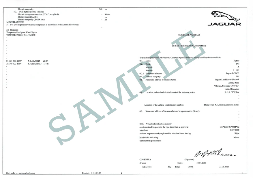 Certificate of Conformity COC JAGUAR - Image 3