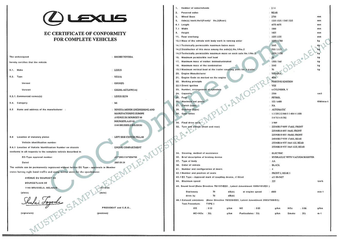 Certificate of Conformity COC LEXUS - Image 3