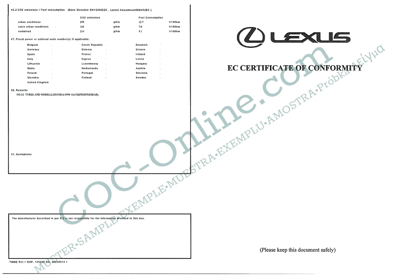 Certificate of Conformity COC LEXUS - Image 4
