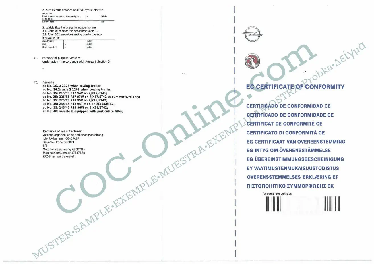Certificate of Conformity COC OPEL - Image 3