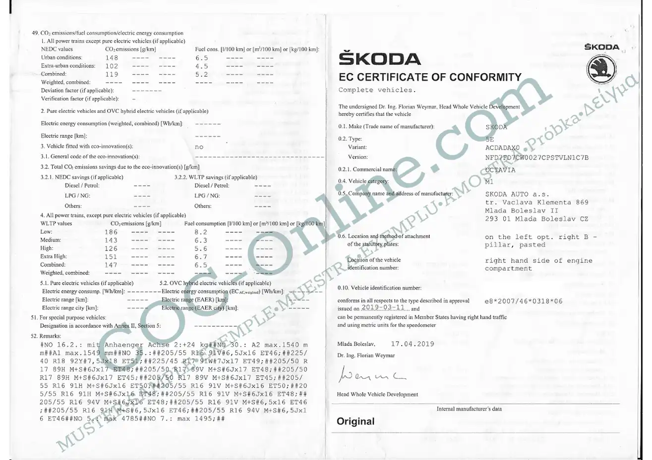 Certificate of Conformity COC SKODA - Image 3