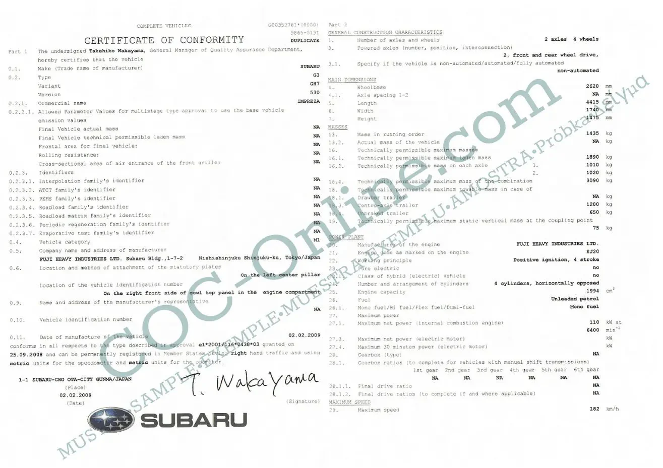 Certificate of Conformity COC SUBARU - Image 3