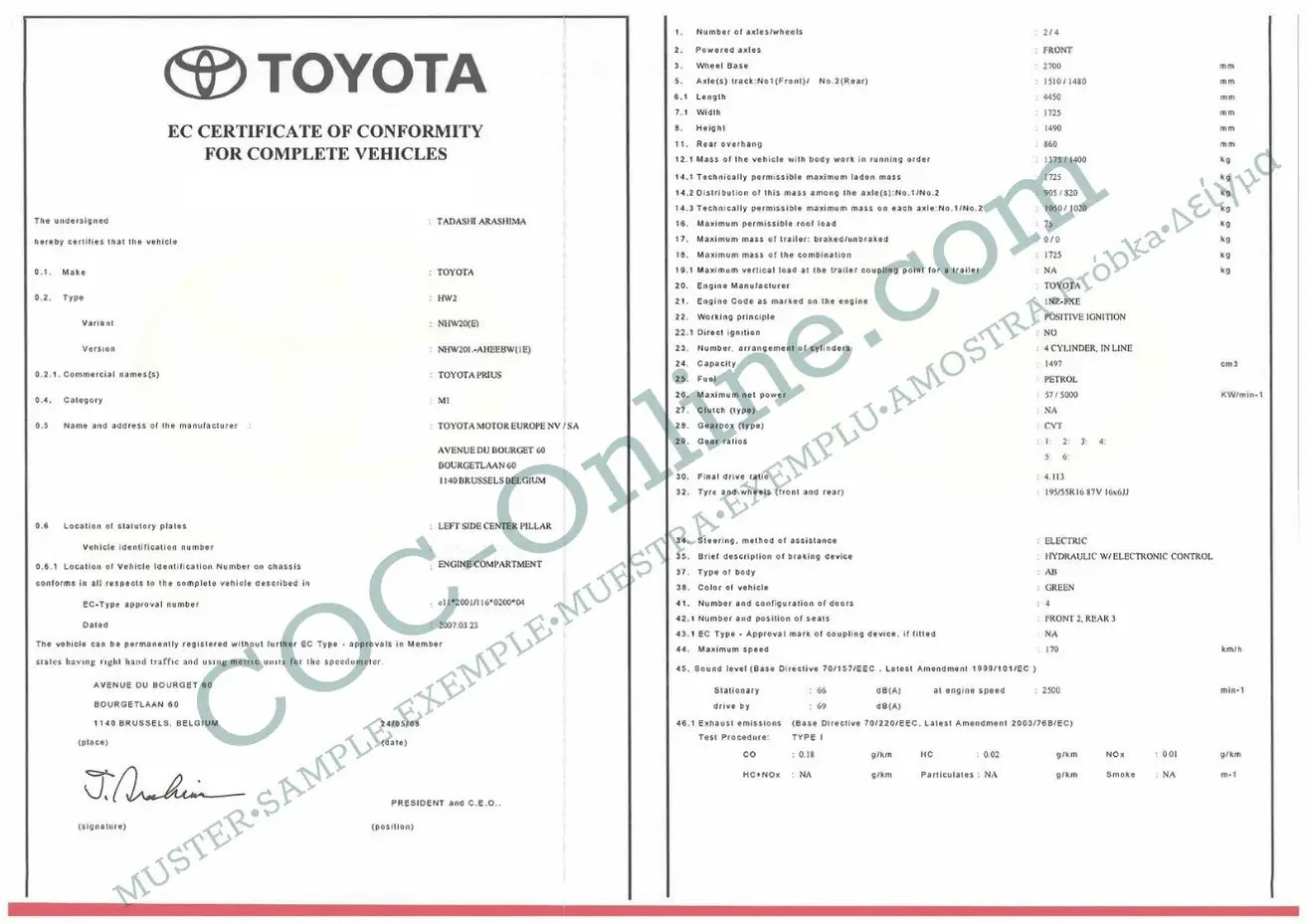 Certificate of Conformity COC TOYOTA - Image 3