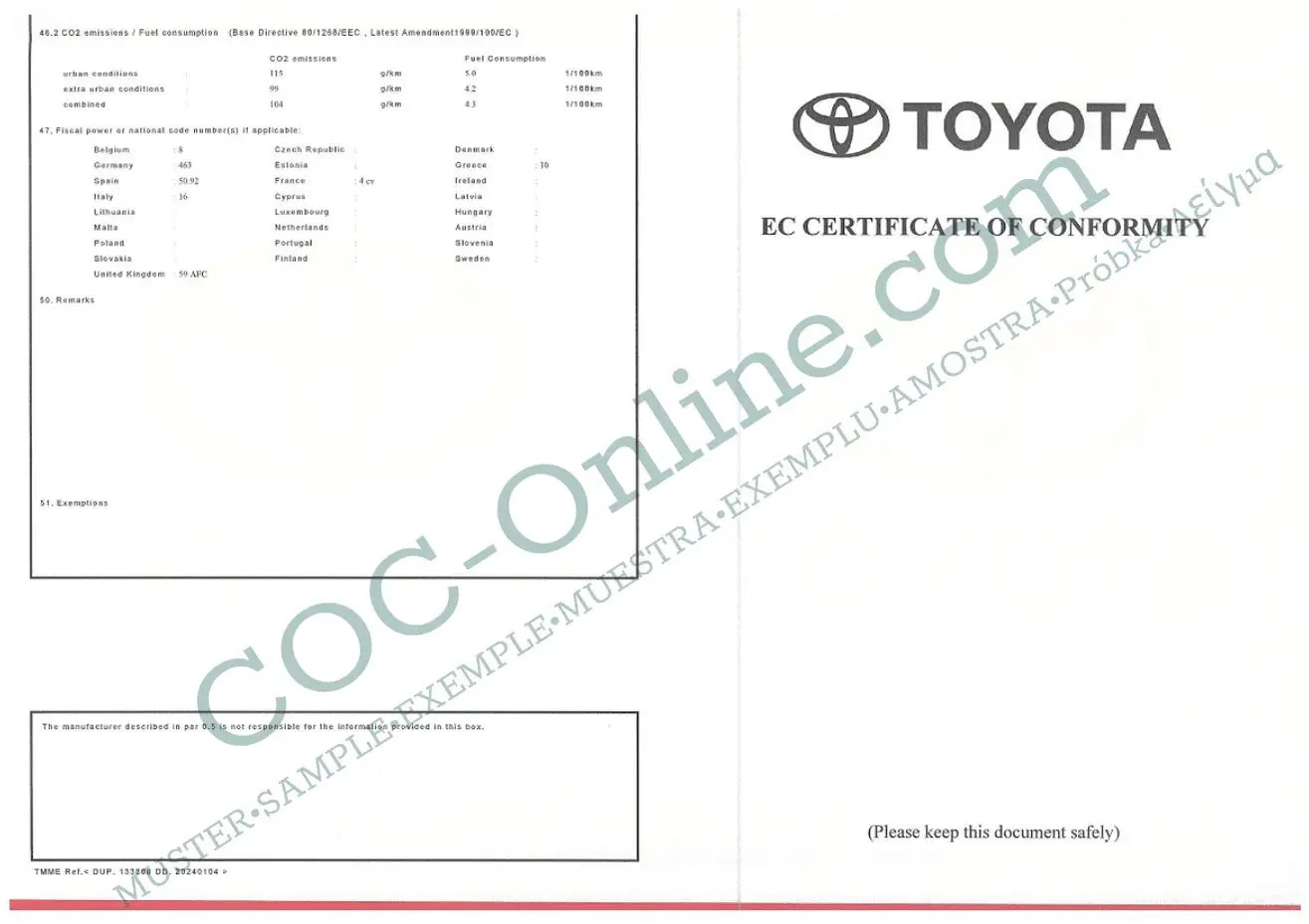 Certificate of Conformity COC TOYOTA - Image 4